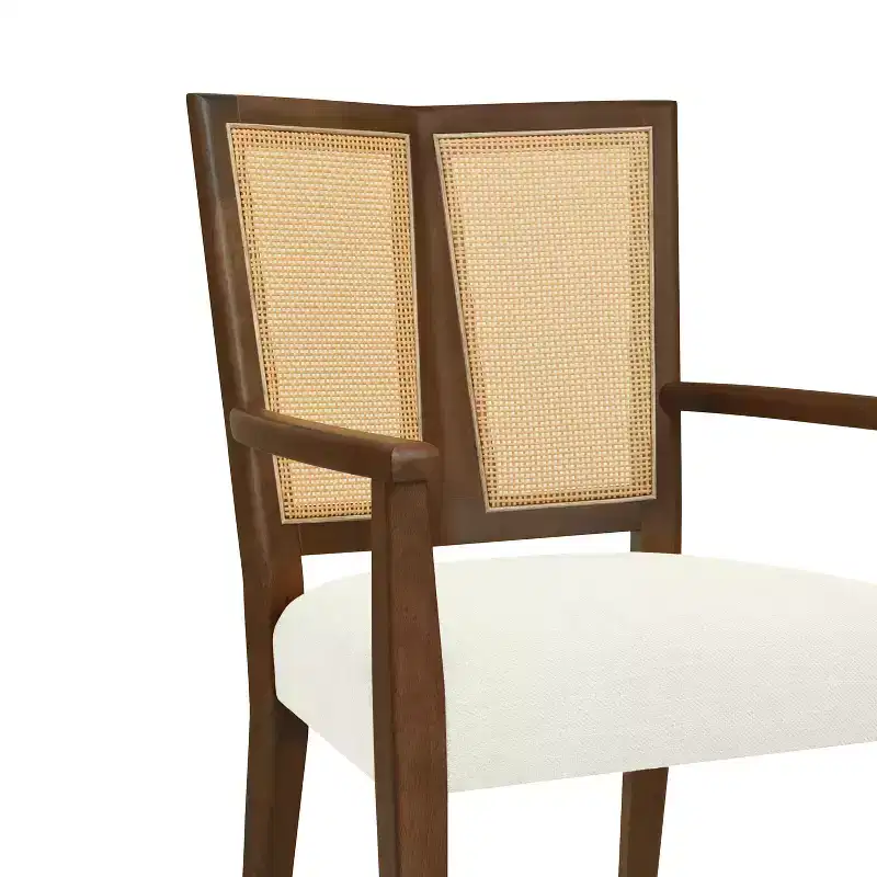 Beige/Dark Brown Upholstered Dining Arm Chairs with Rattan Back, Set of 2