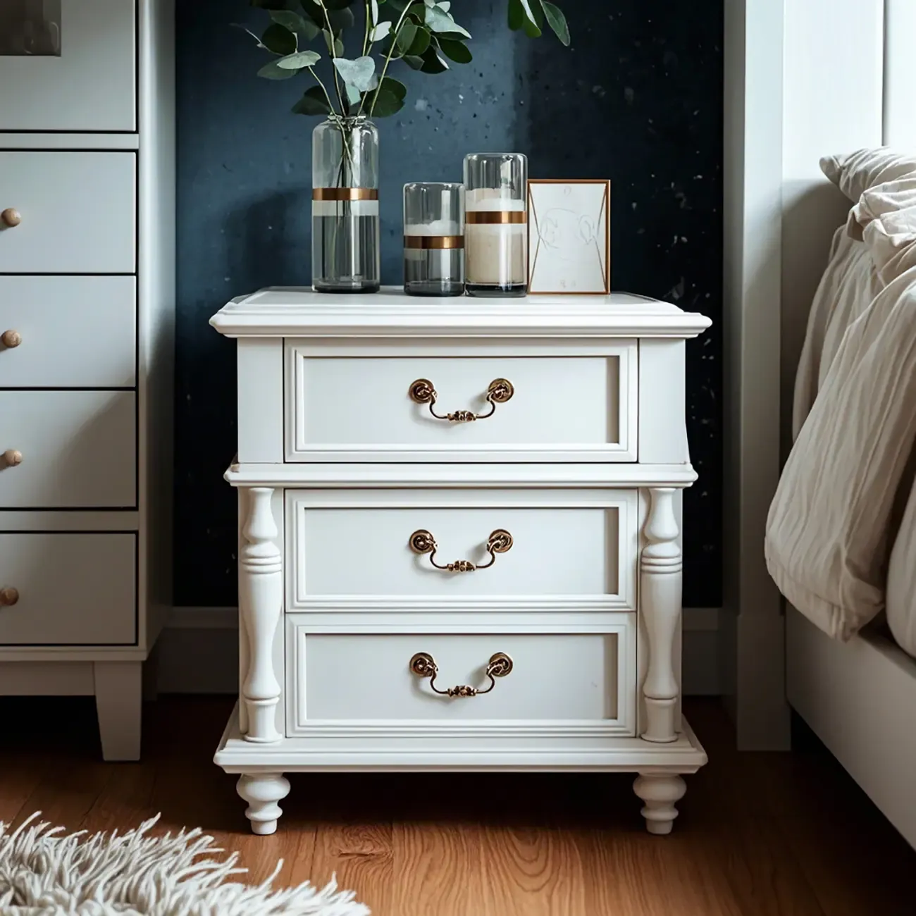 Elegant White Wood Bedside Table with 3 Storage Drawers