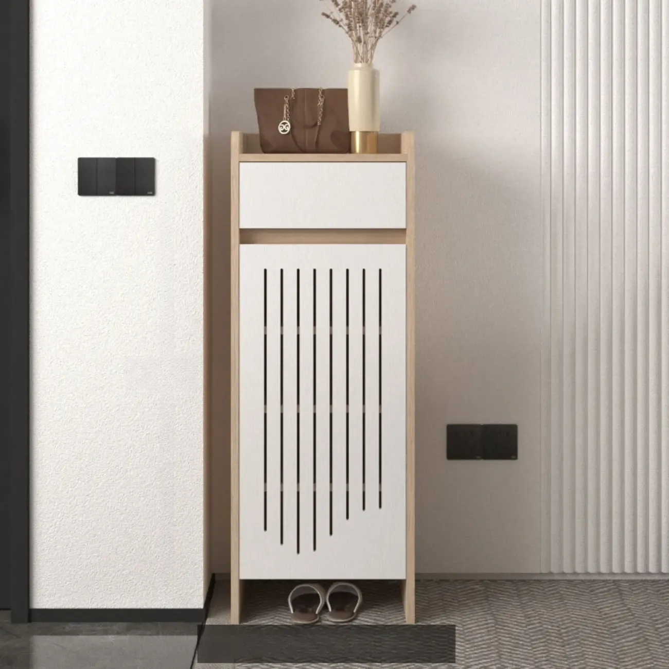 Modern Slim Wood Beige Entryway Shoe Cabinet
