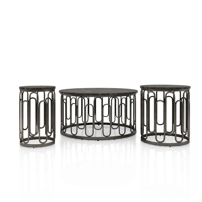 Lars Modern 3-Piece Round Table Set with Marble Top, Sturdy Decorative Metal Base by Furniture of America
