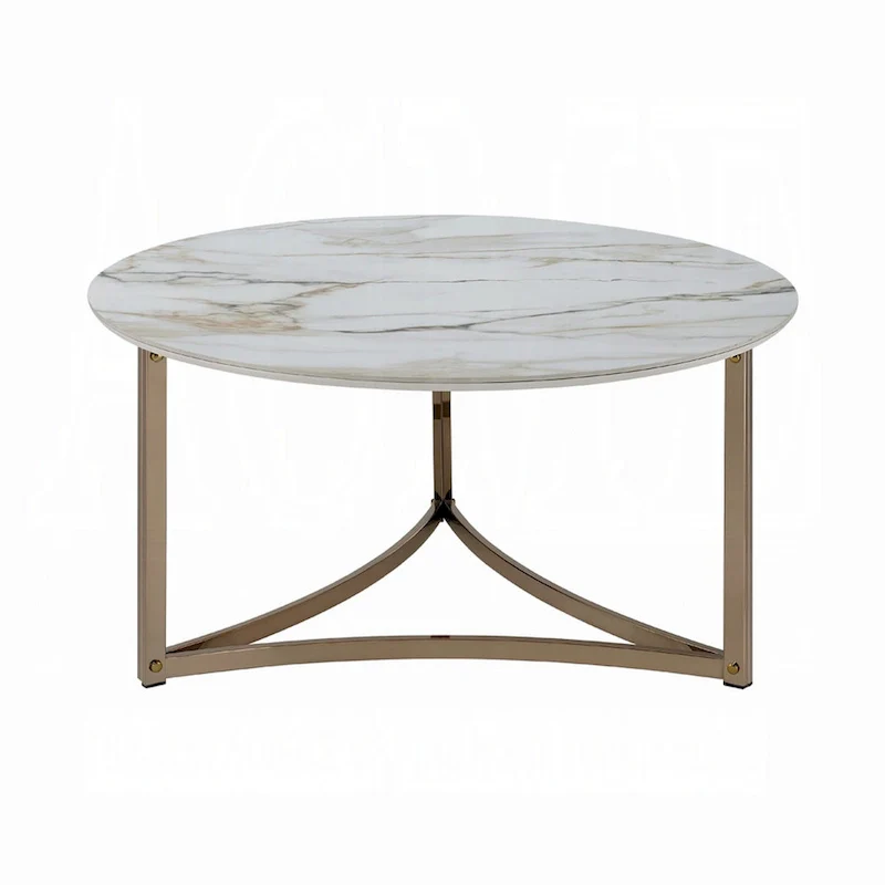Coffee Table, 35-inch, Round Sintered Stone Top, White and Gold Color Scheme