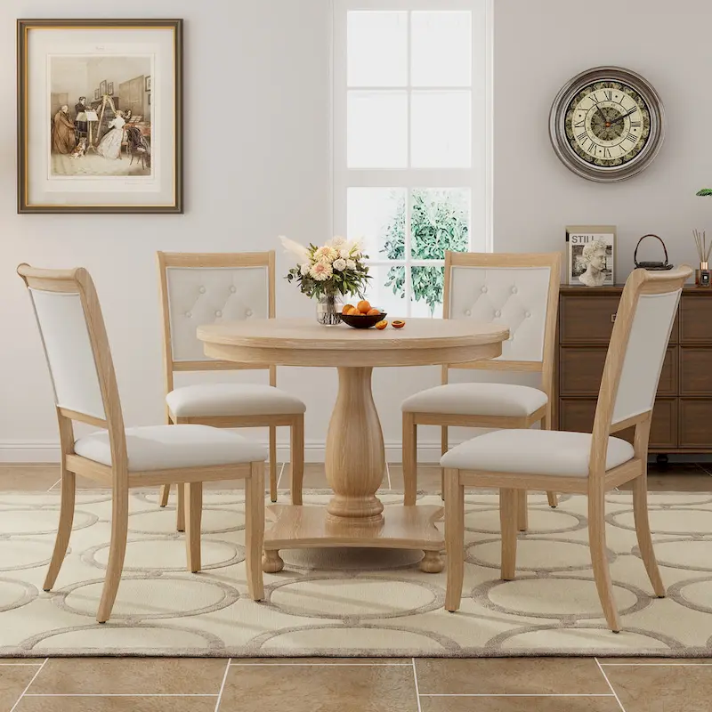 Retro Round Dining Table with 4 Upholstered Chairs