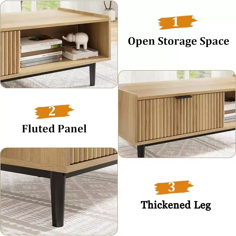 Beige Fluted Rectangle Coffee Table with 2 Drawers and Open Shelves, 4-Leg Design