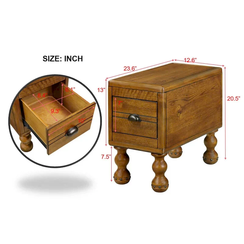 Solid Wood End Table with Drawer, 23.6 inch Narrow Side Table for Small Spaces
