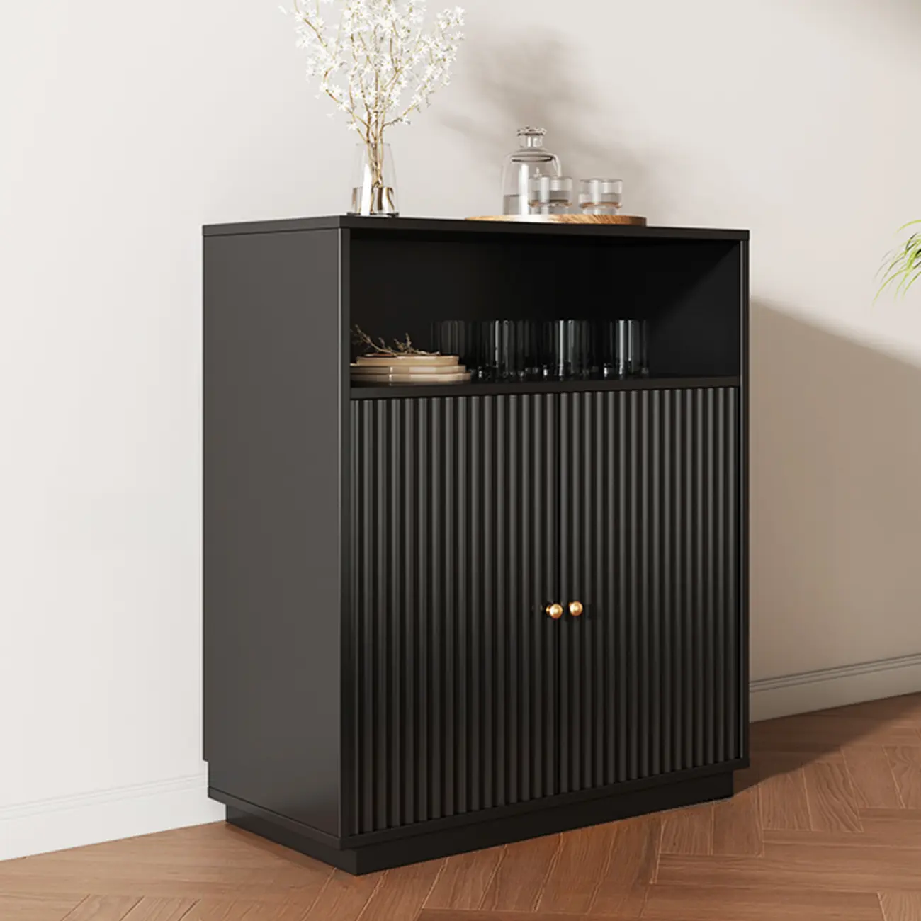 Midnight Black Lumber Sideboard with Glass Doors
