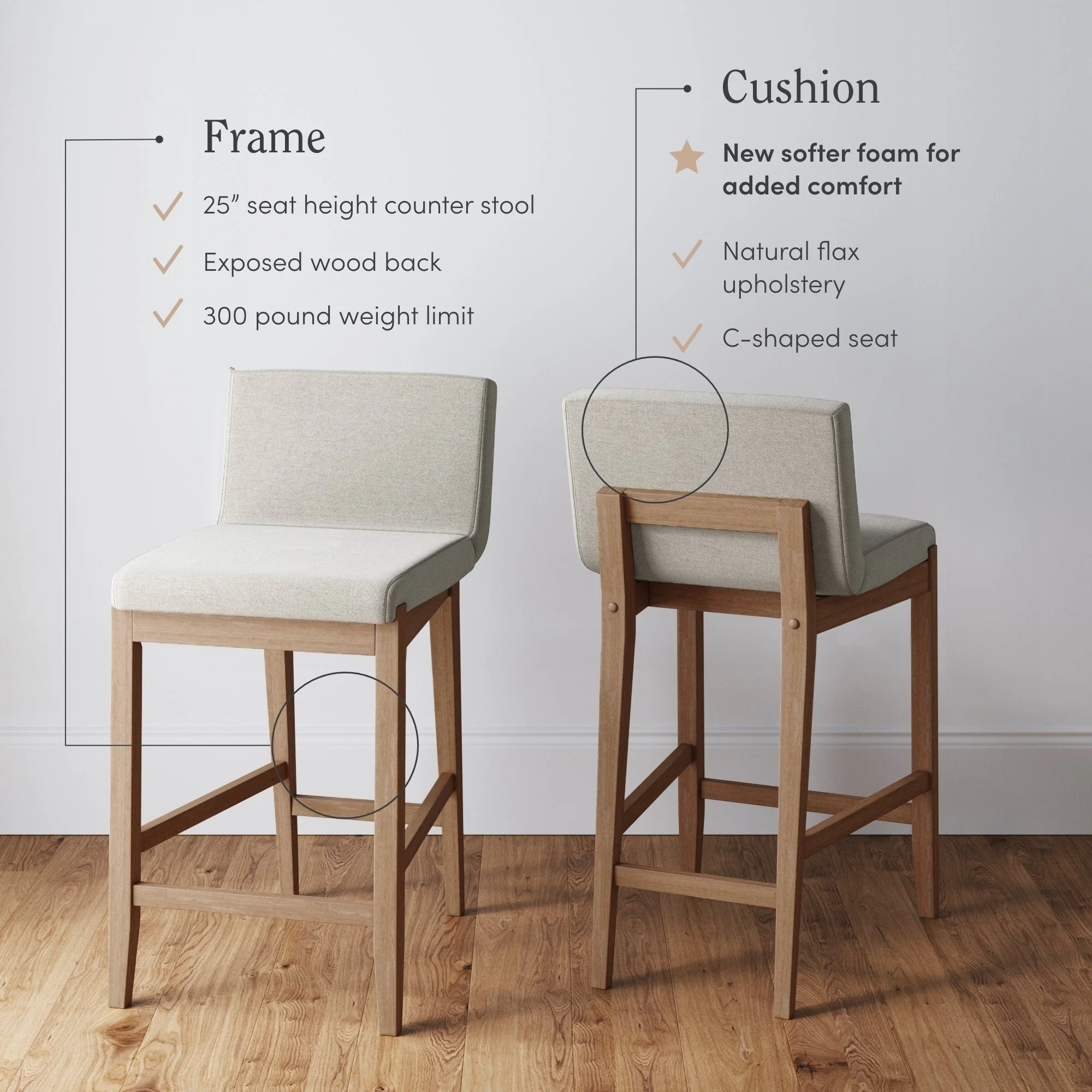 Gracie Modern Bar Stool, Boucle Upholstered Chair and Brushed Wooden Legs