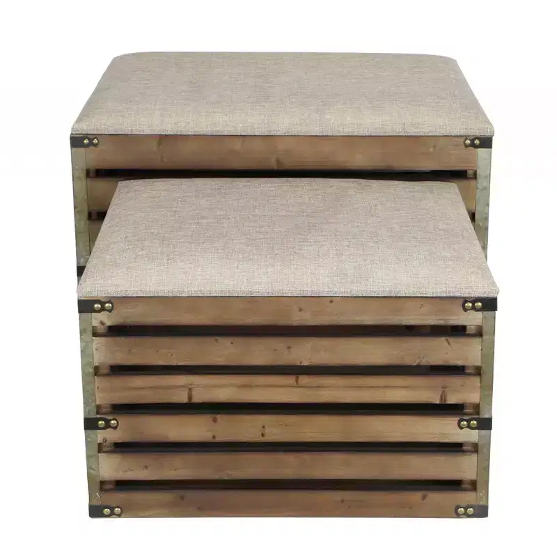 HomeRoots Set of Two Brown Wood Slat and Upholstery Storage Benches With Flip Top
