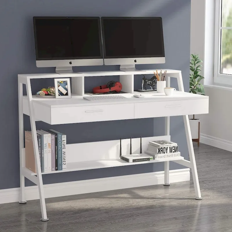 Computer Desk with 2 Drawers and Storage Shelves, Office Desk with Monitor Stand