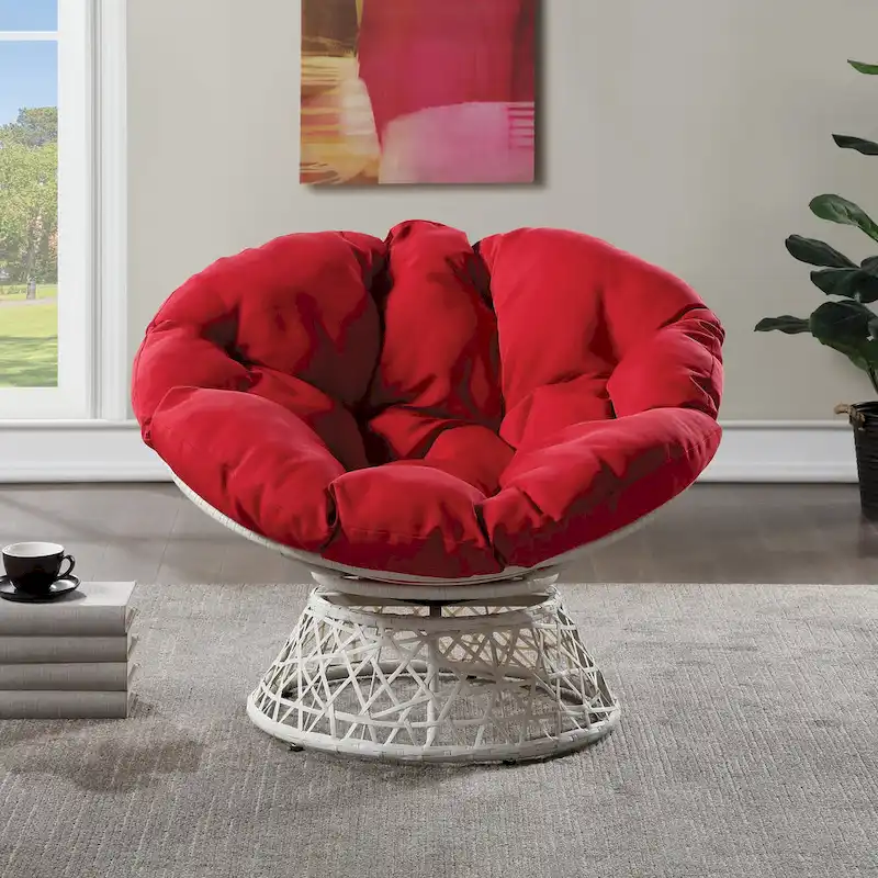 Papasan Chair with Round Pillow Cushion and Cream Wicker Weave