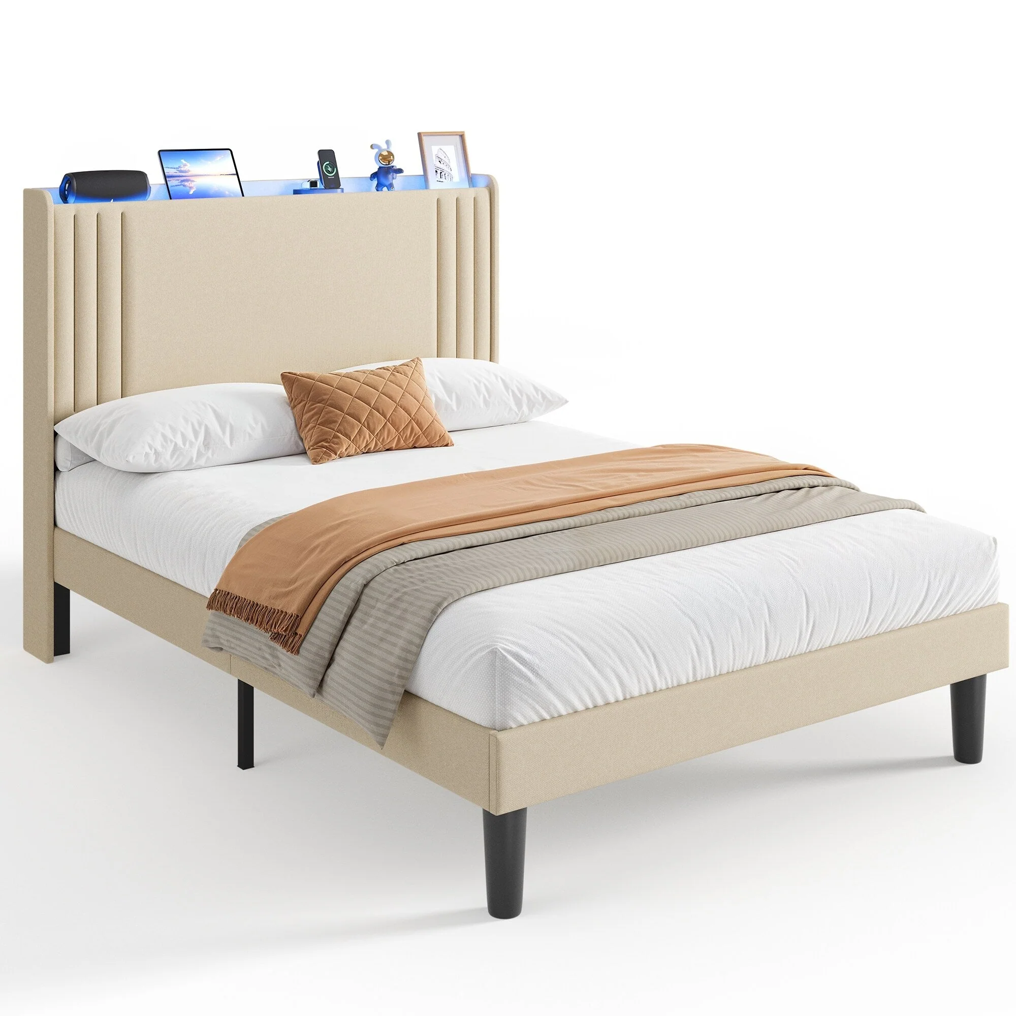 Queen/ Full Vertical Channels Upholstered Bed with Wingback Headboard