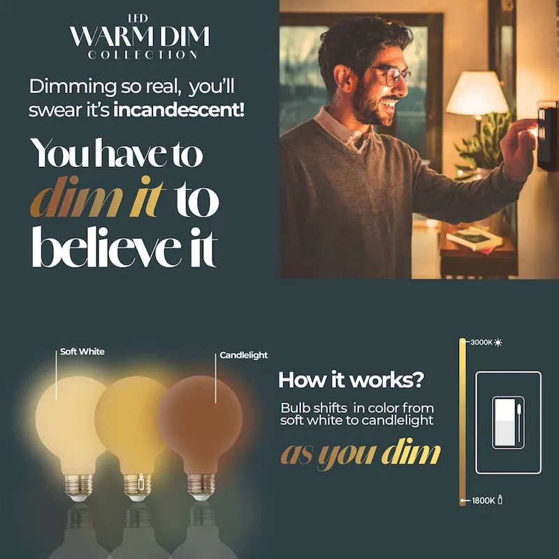 Bulbrite 9 Watt LED A19 Light Bulbs, Warm Dimming 3000K (Soft White) - 1800K (Candlelight), 800 Lumens, (2 Pack) - 2 Pack