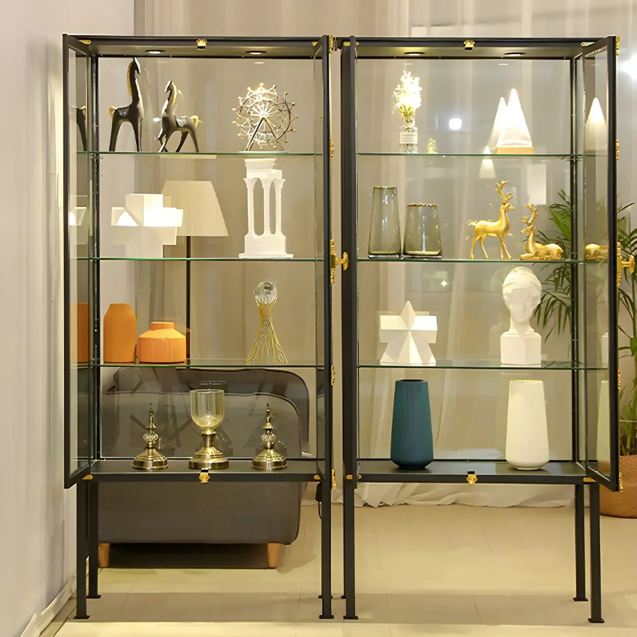 Black Metal Glass Shelves Display Cabinet with Lights