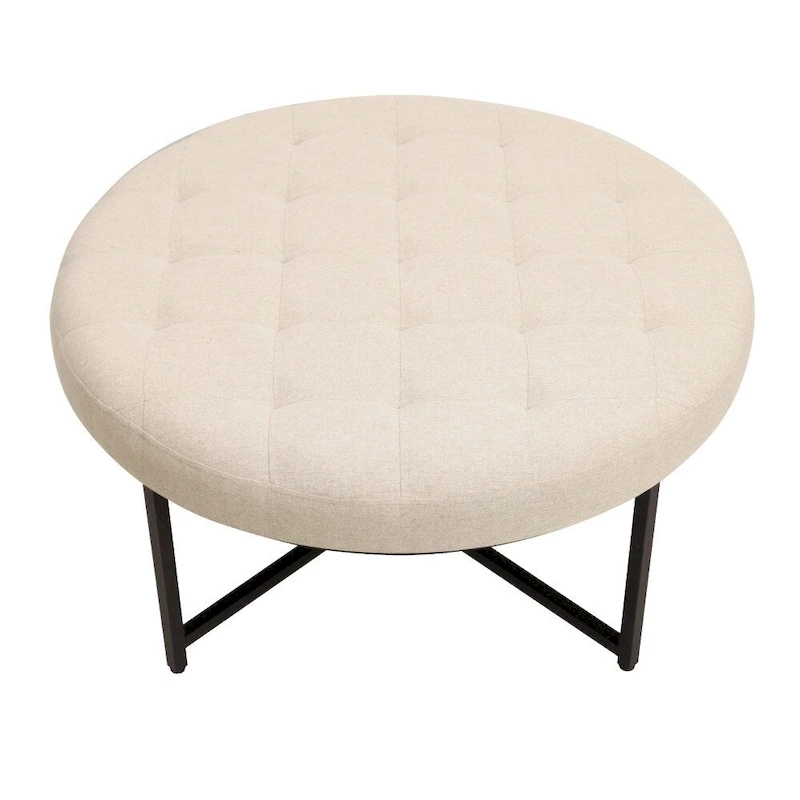 Tufted Round Cotton Linen Ottoman with Iron Frame