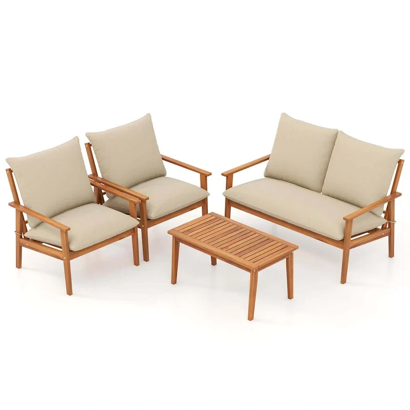 Costway 4 PCS Acacia Wood Patio Furniture Set with Soft Cushions and - See Details