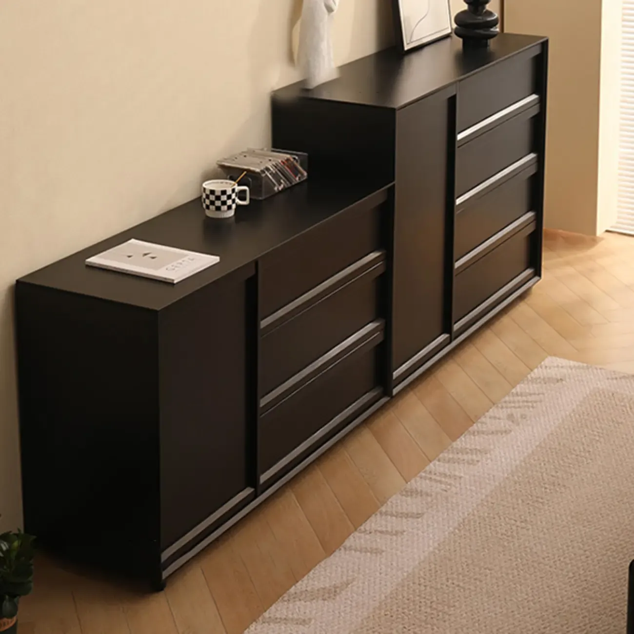 Industrial Wood Dresser with Drawers and Smooth Metal Rail