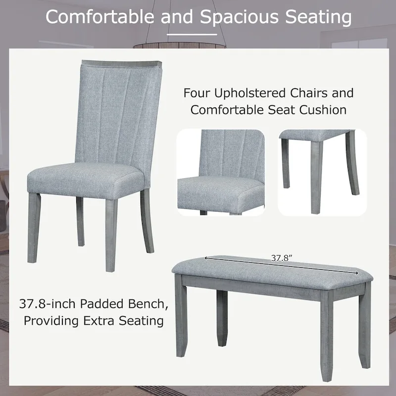 6-Piece 78inch Extendable Pedestal Dining Table Set with 18inch Removable Leaf and Dining Bench, 4 Upholstered Dining Chairs