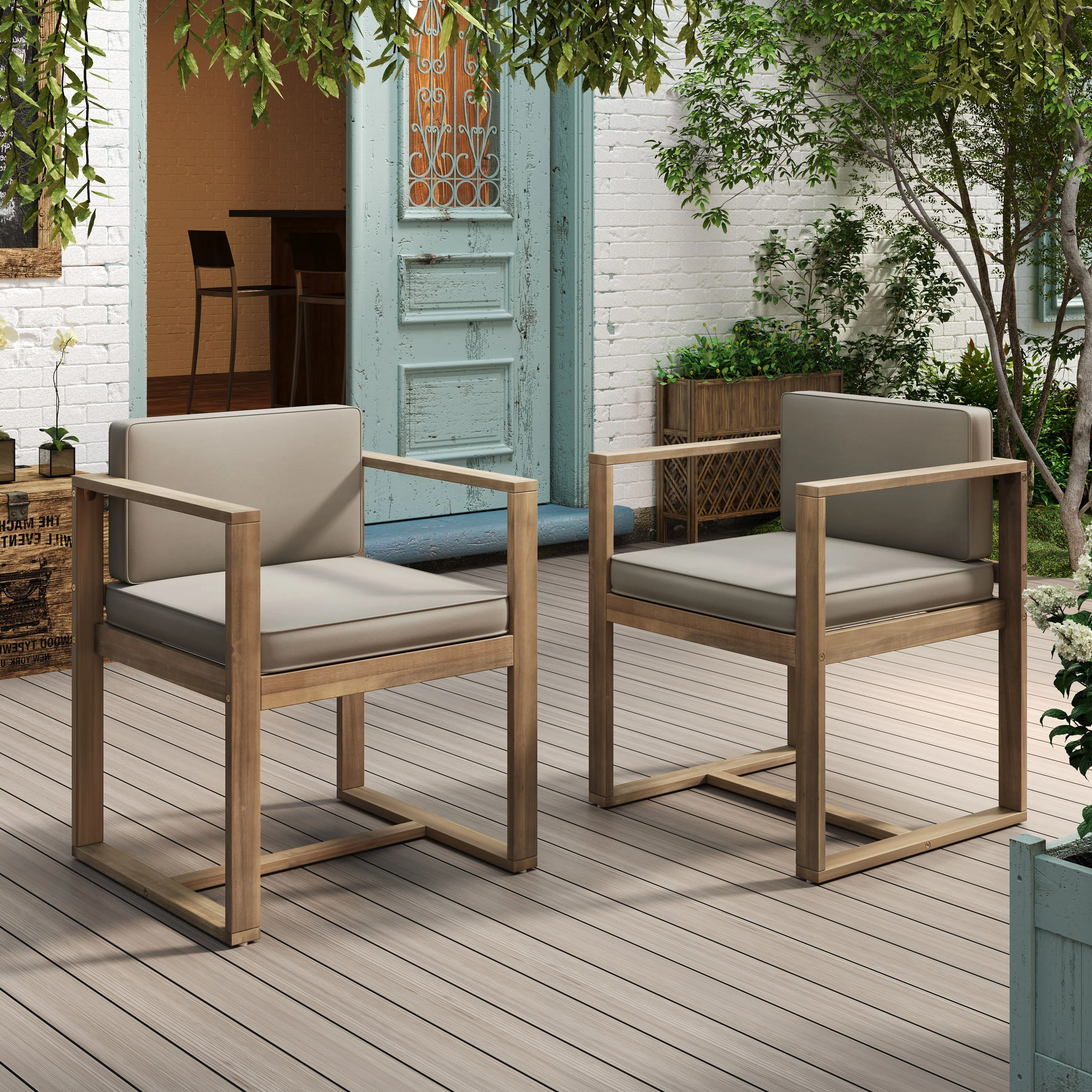 Modern Outdoor Patio Acacia Wood Dining Chairs with Cushions, Set of 2