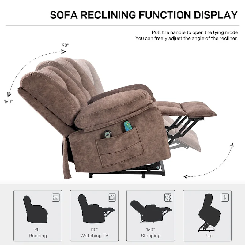Brown Velvet Power Lift Recliner, Massage, Heated, Pockets, 8-Point