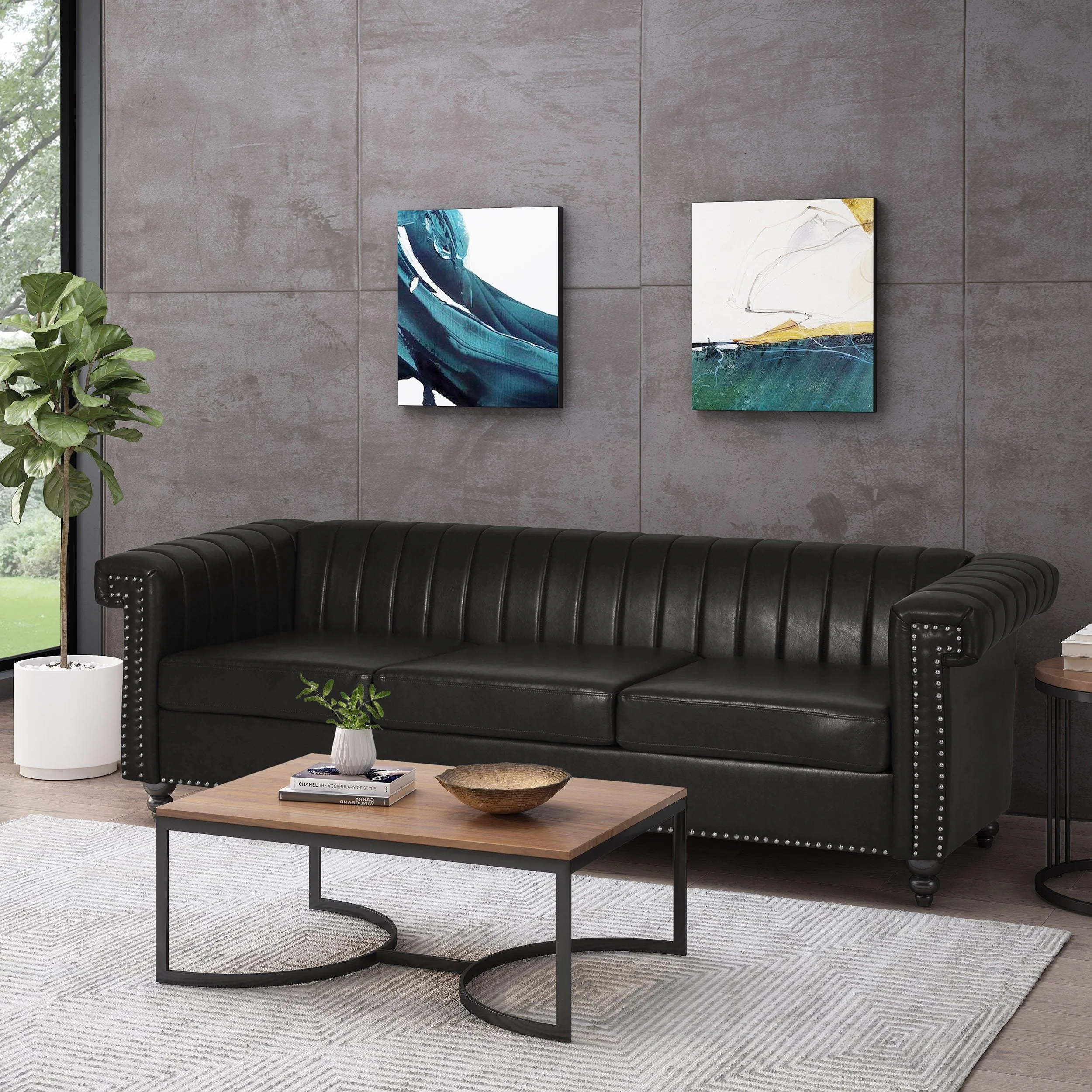 Contemporary Channel Stitch 3 Seater Sofa with Nailhead Trim - NH538413