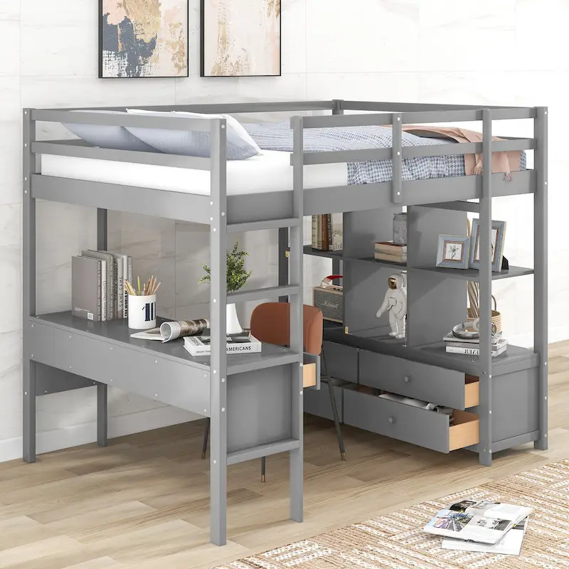 Full Size Loft Bed with Built-in Desk with 2 Drawers, and Storage Shelves and Drawers, White