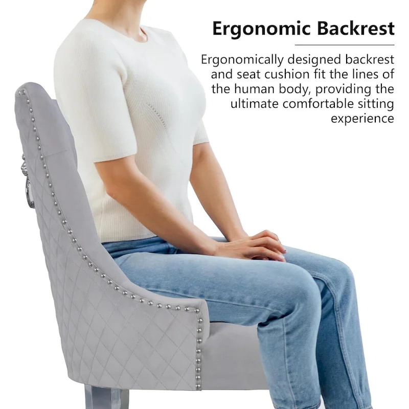 Velvet Dining Chairs Set of 2, Upholstered Tufted Nailhead Dining Room Chairs with Stainless Steel Legs & Lion Head Pull Ring