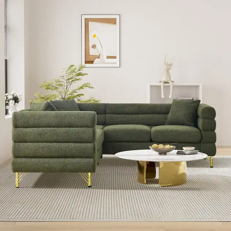 Ouyessir Teddy Fabric Modern Sectional Sofa Sets L-Shape/2/3/4 Seater Sofa Couch with Pillows