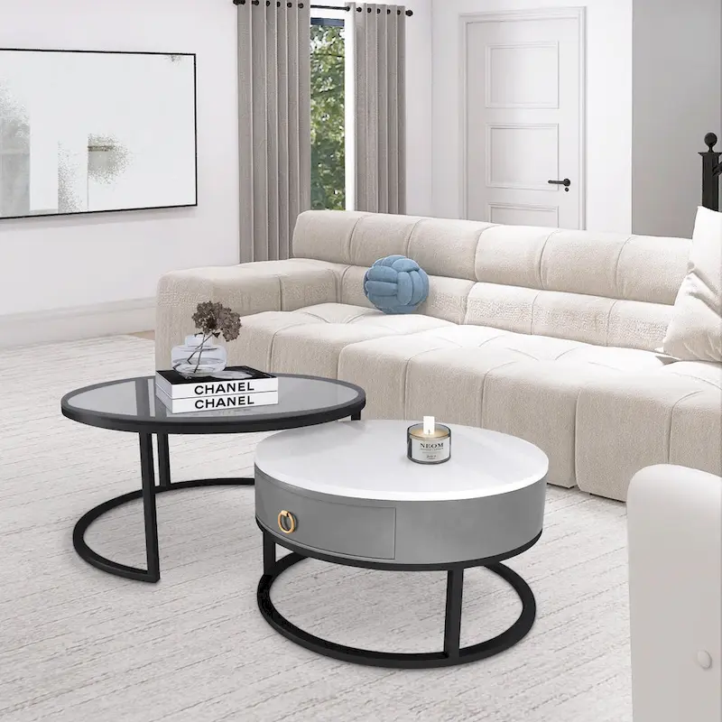 Modern Glass Waterproof Round Nesting Coffee Table with Drawer