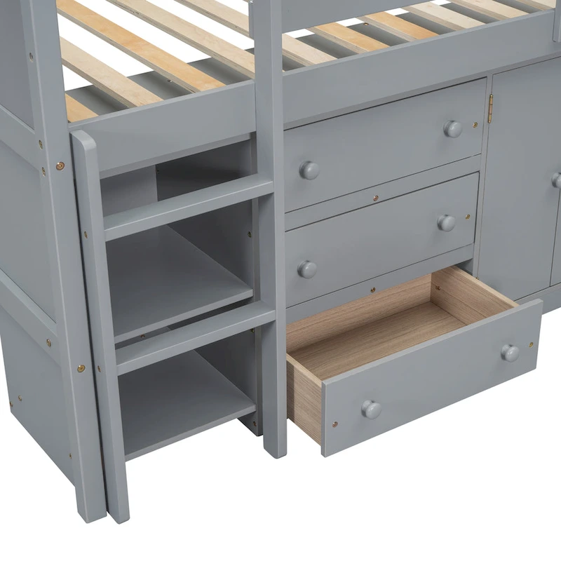 Grey Twin Wood Low Loft Bed with Pull-Out Desk & Drawers