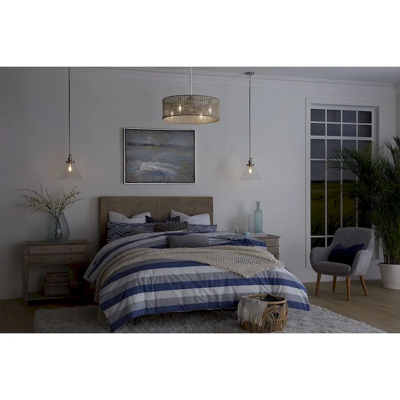 Hinton Collection 1-Light Seeded Glass Brushed Nickel Pendant Light - 12 in x 12 in x 12.5 in