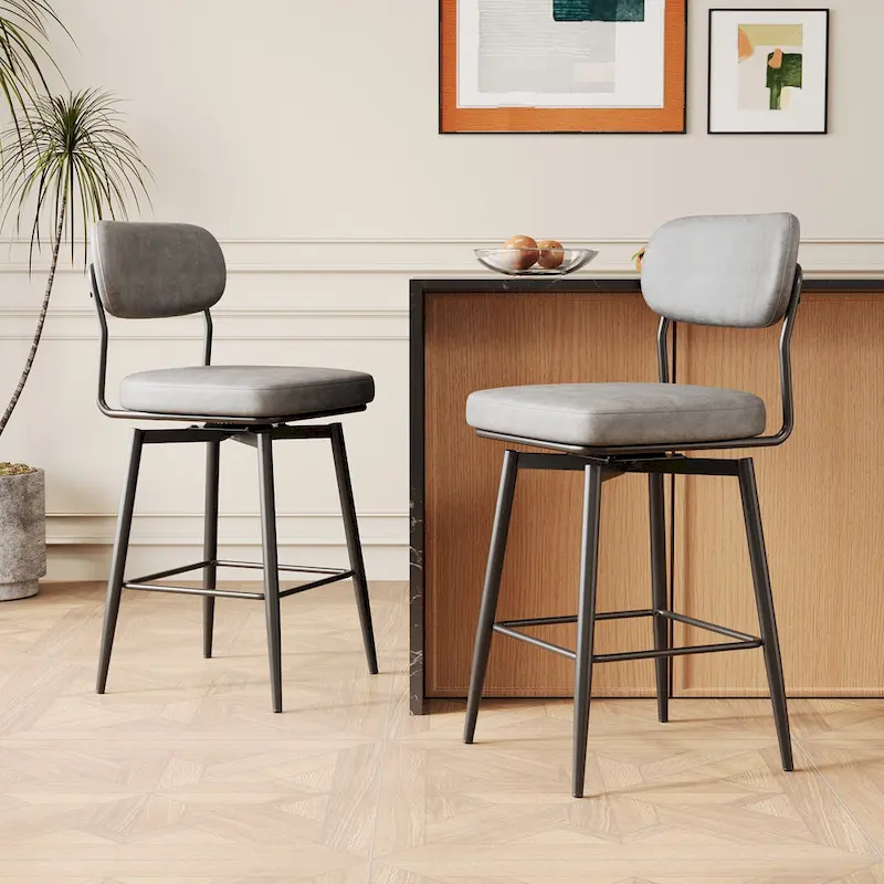 Leather Swivel Bar Stools with Iron Base - Set of 2