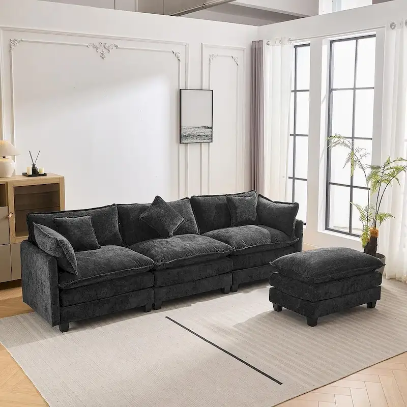 112 Modern L-Shape Chenille Upholstered Sofa with 5 Pillows