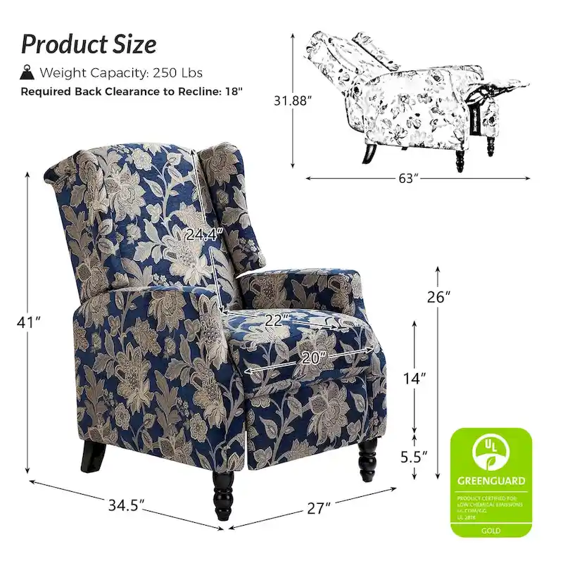 Damaris Mid-Century Modern Manual Pushback Recliner with Wingback Design by HULALA HOME