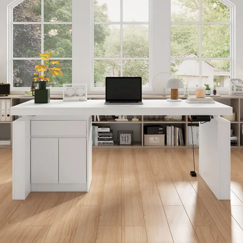 White Electric Height-Adjustable Desk with Side Storage Cabinet – Single User