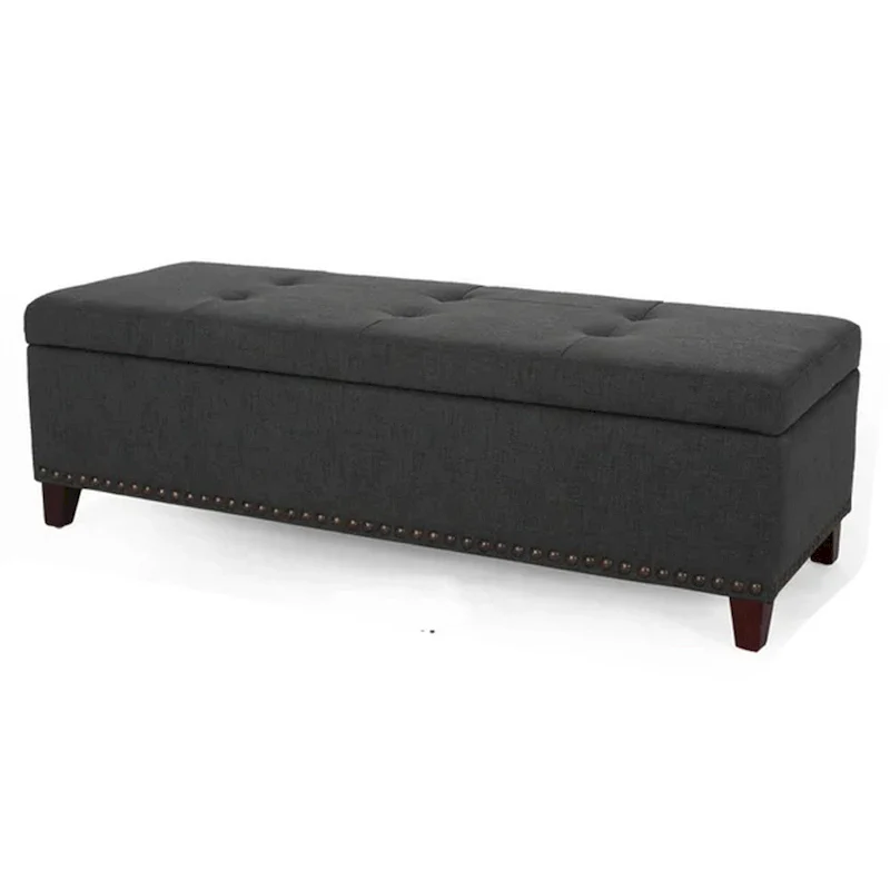 Storage Ottoman Bench, 51 Inch Dark Gray Fabric, Brass Nailhead Trim