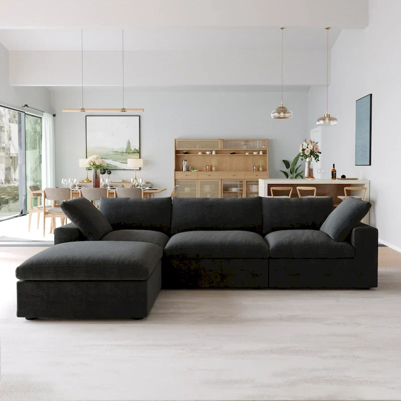 Black Commix Down Filled Overstuffed Sectional Sofa with Ottoman