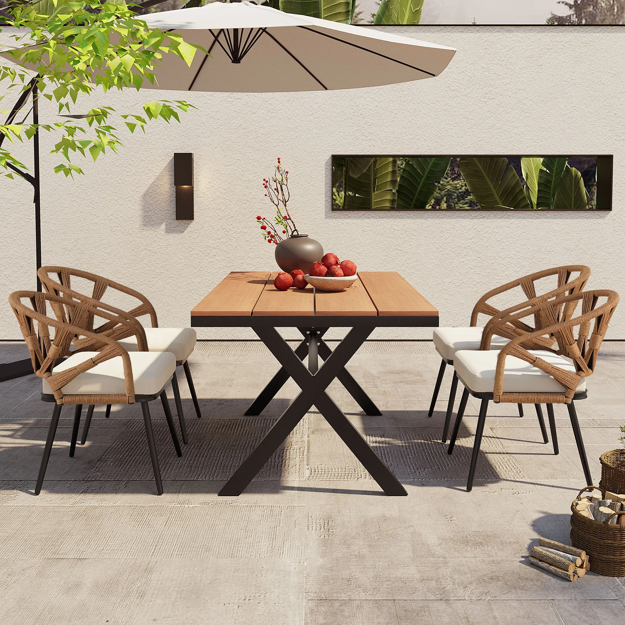 Walker Edison | U Style Contemporary Outdoor Dining Table and Chairs Set