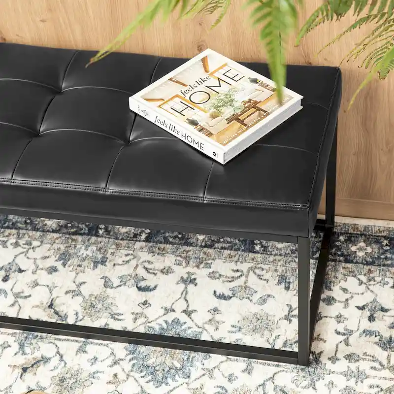 Glitzhome 45W Modern Black Tufted Upholstered Bench with Metal Frame Legs - 45W x 19H x 17.5D
