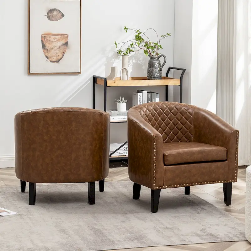 KINWELL 29 PU Faux Leather Club Armchair with Nailheads, Set of 2