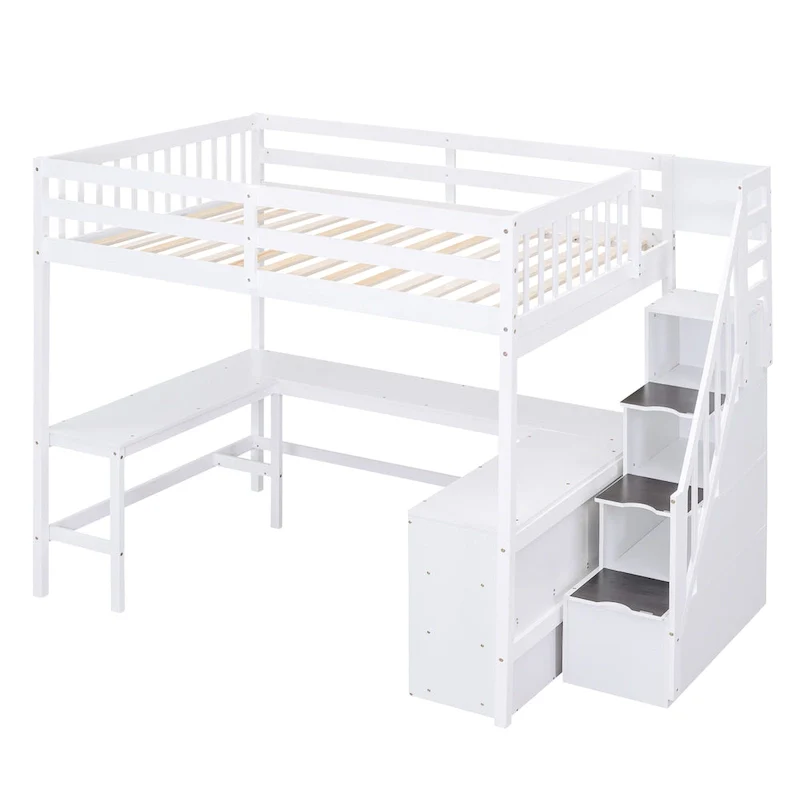 White Full Size Pine Wood Loft Bed with Built-in L-Shaped Desk and Three-Tier Storage Shelves, and Attached Storage Staircase