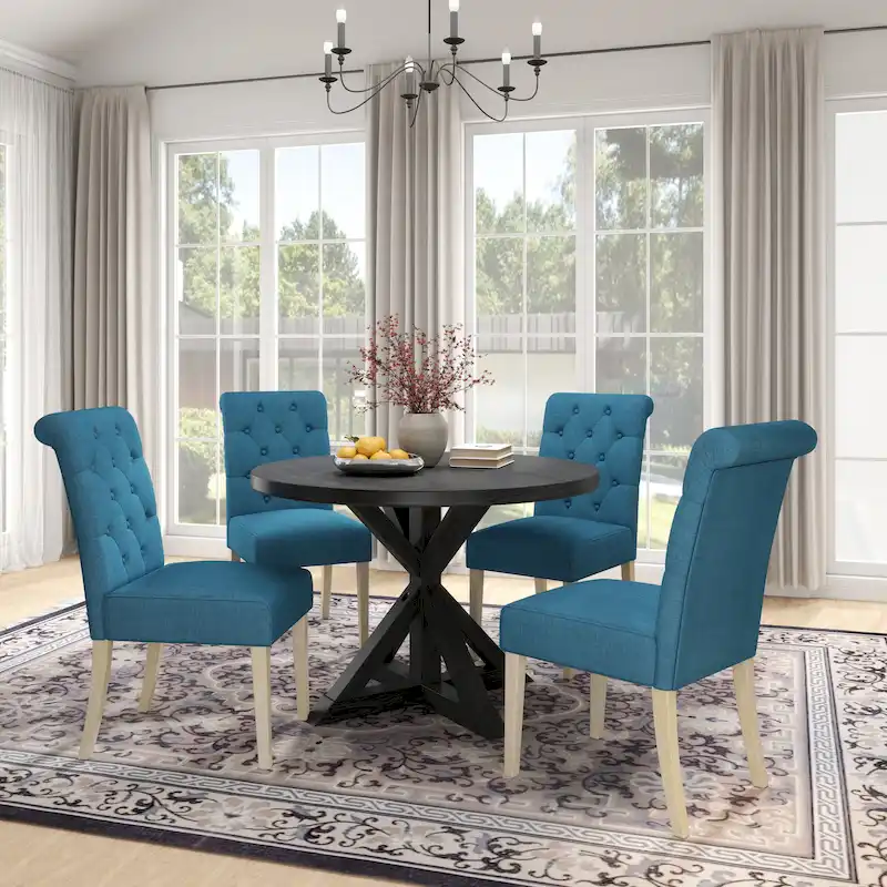 5 Piece Dining Table Set, Wooden Kitchen Furniture Set, Round Table with Cross-Buck Pedestal Base and 4 Tufted Chairs