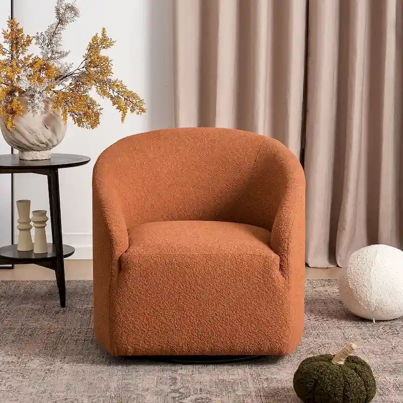KINWELL 32W Boucle Upholstered Swivel Barrel Accent Armchair