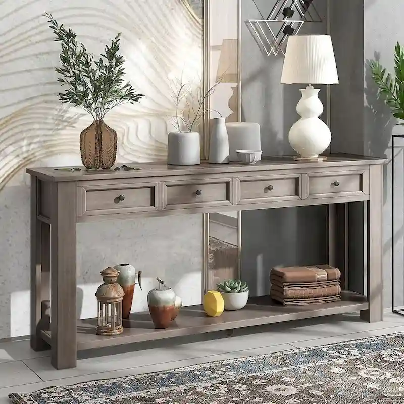 Vintage Style 4-Drawer 1-Shelf Console Table, Classic Entrance Display Table Entryway Table, Storage Sofa Table