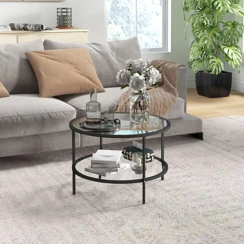 HOMCOM Side Table with Storage, 26 Round End Table, 2-Tier Tempered Glass Coffee Table with Steel Frame for Living Room