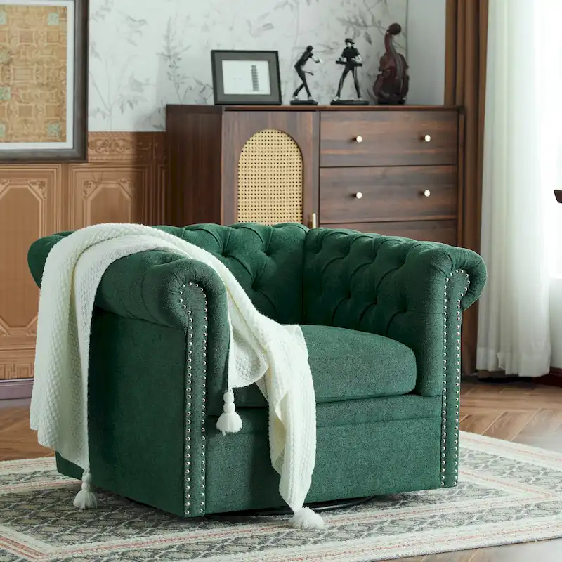 Tufted Swivel Club Chair, Dark Green / Cognac, Single Seat