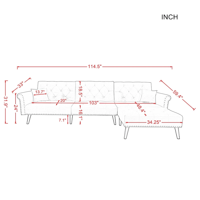 Aukfa Velvet Convertible Sleeper Sectional Sofa Bed - 114.5 W