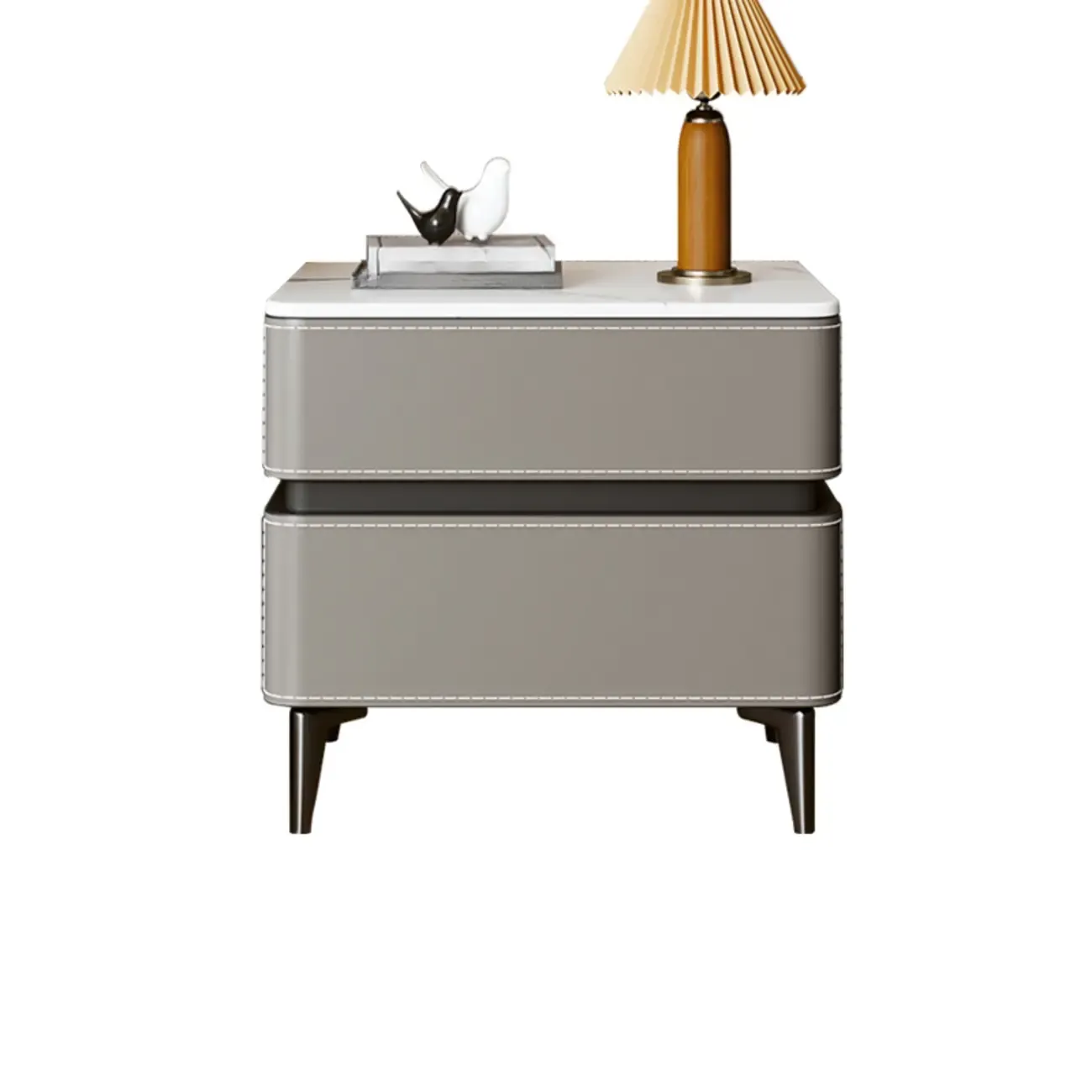 Modern Faux Leather Stone Top 2-Drawer Nightstand