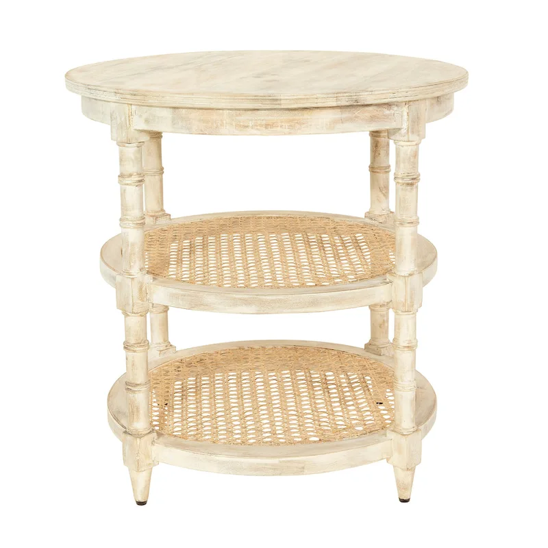 Round Mango Wood Table with 2 Cane Shelves