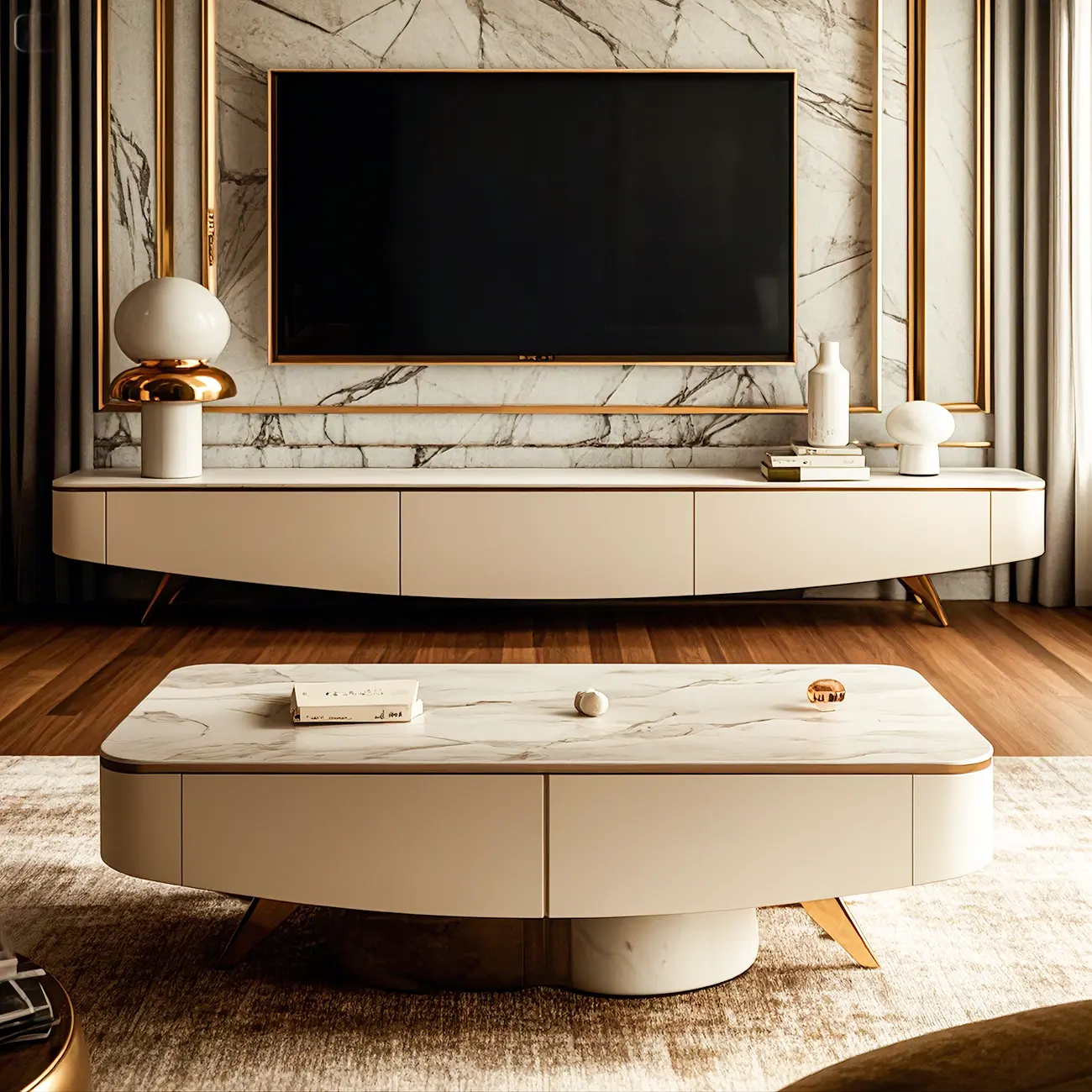 87 Modern Stone Champagne Curved TV Stand with Drawers