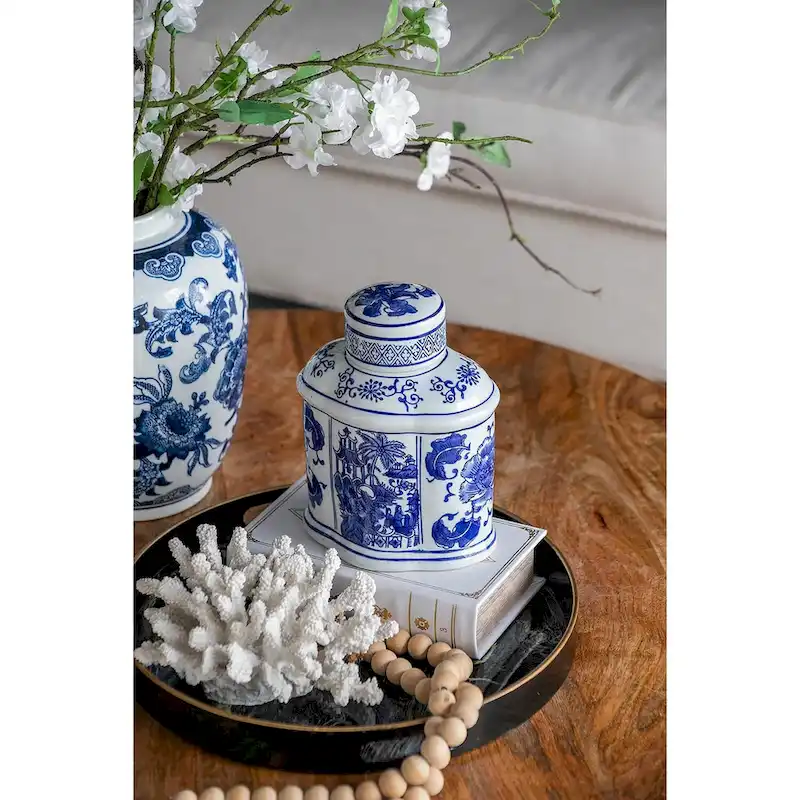 A&B Home Ren Blue and White Oval Jar with Lid