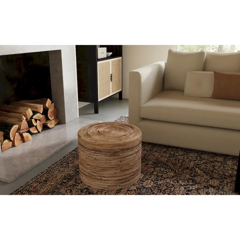 Natural Round Rattan Ottoman Stool by East at Main - 19x19x14.2